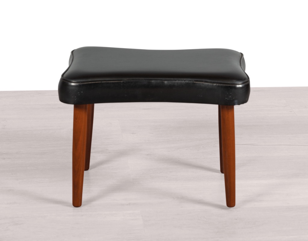 Mid century modern Danish vintage 1960s Footstool with teak cigar legs and original thick black vinyl upholstery other Scandinavian footrest footstool ottomans bone