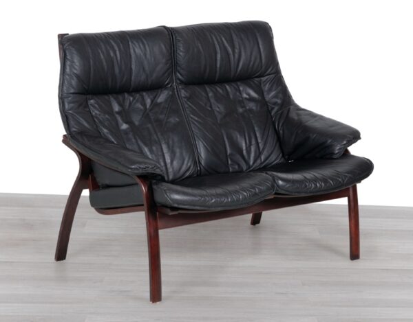 Danish Couch Sofa Ingmar Relling Black Leather Vintage Two Seater Beech frame Norwegian 1970s Siesta Two Seater